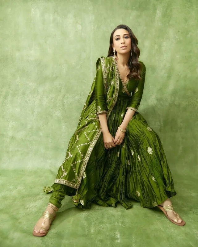 Olive Green Satin Silk Designer Anarkali Suit