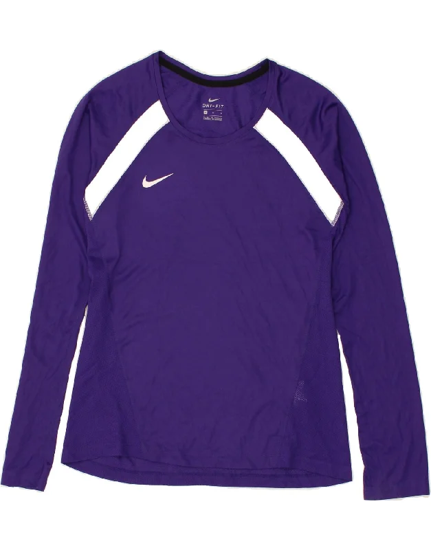 NIKE Womens Dri Fit Top Long Sleeve UK 12 Medium Purple Colourblock