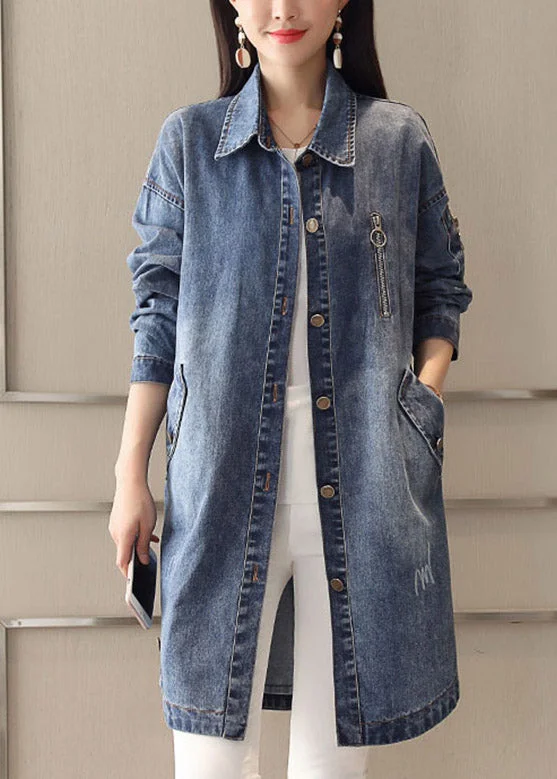 Slim Fit Blue Peter Pan Collar Embroideried Patchwork Button Denim Coat Spring