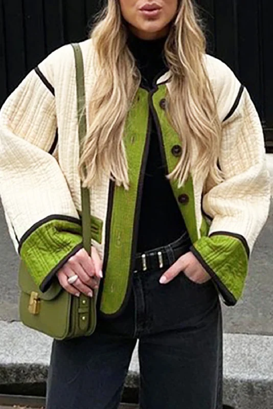 Green Quilted Colorblock Button Up Puffer Coat