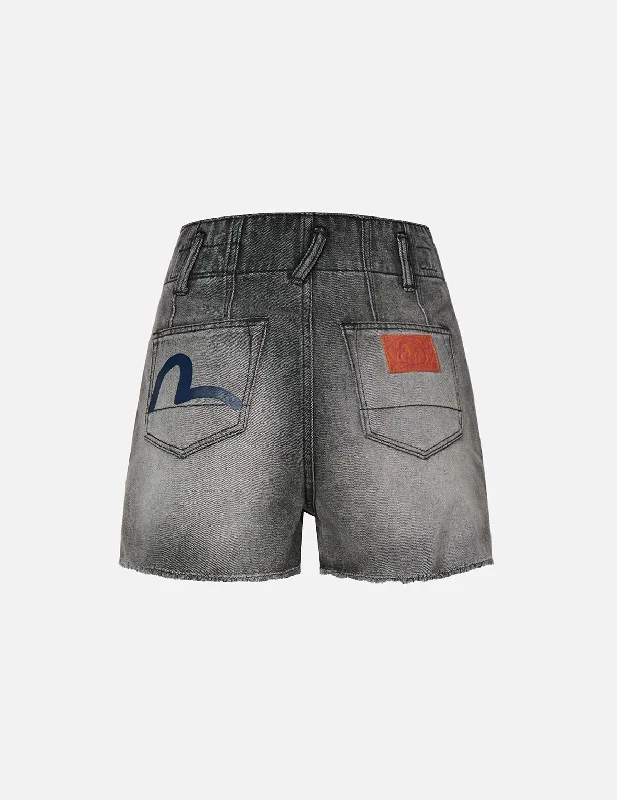 Seagull Print Light Grey Denim Shorts