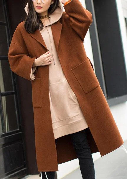 2024 plus size medium length coat Notched coat brown tie waist side open Woolen Coat Women