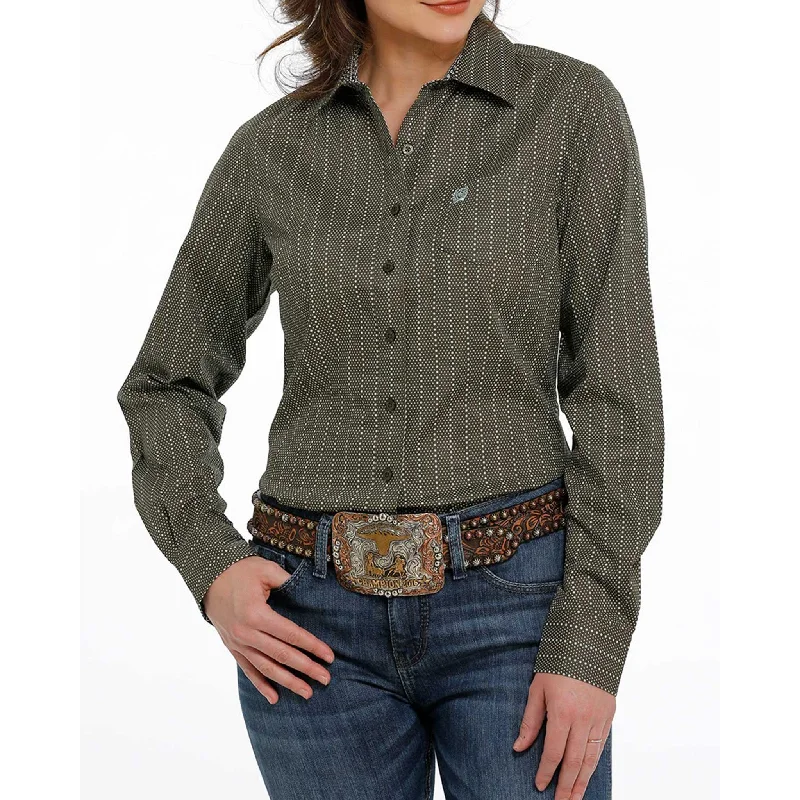 Cinch Women's Olive With Light Turquoise Dot-Stripe Long Sleeve