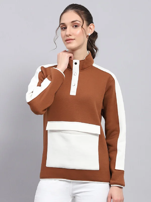 Women Brown Solid Mock Neck Full Sleeve Sweatshirt