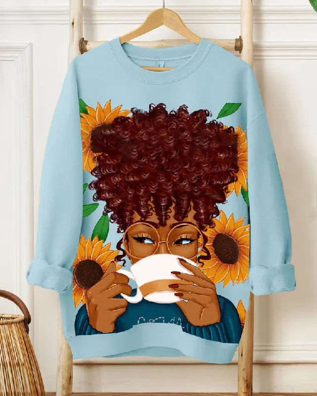 Coffee Sunflower Brown Girl Long Sleeve Sweatshirt