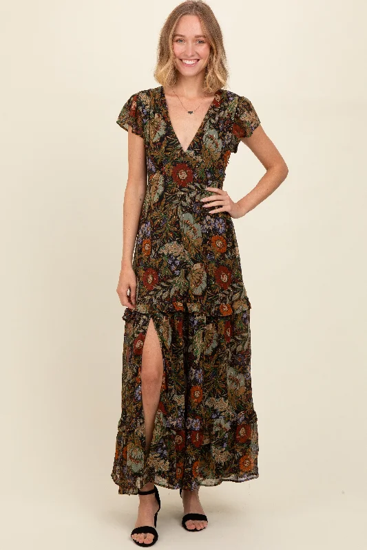 Black Floral Deep V-Neck Tiered Maxi Dress