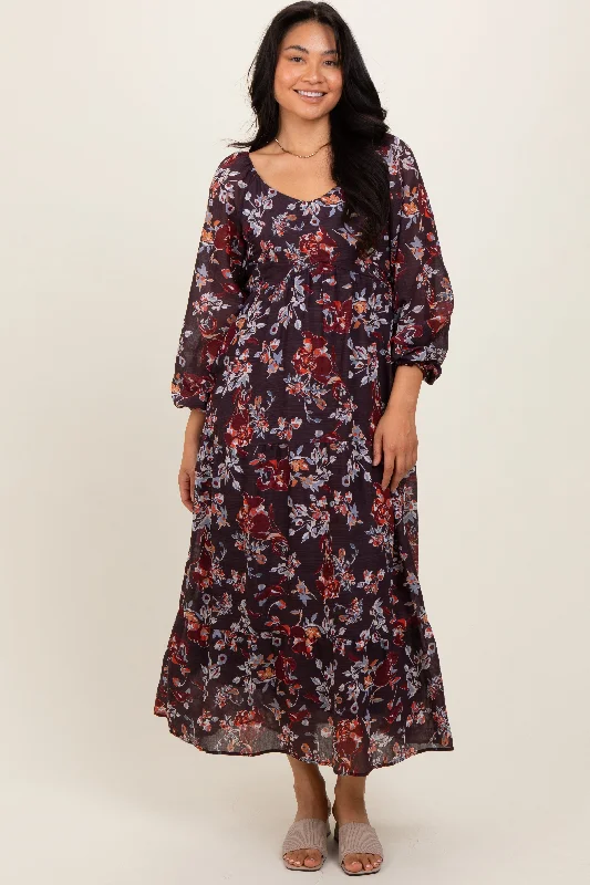 Brown Floral V-Neck Bubble Sleeve Maxi Dress