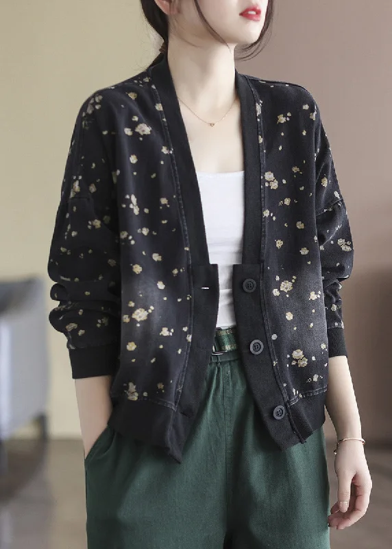 Black V Neck Button Cotton Denim Coats Long Sleeve