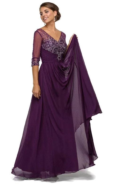 Dancing Queen 8855 - Bejeweled V-Neck Long Dress