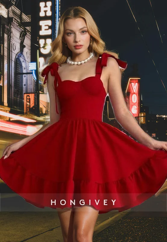 Satin A-Line Sweetheart Bowknot Spaghetti Straps Short Homecoming Dress