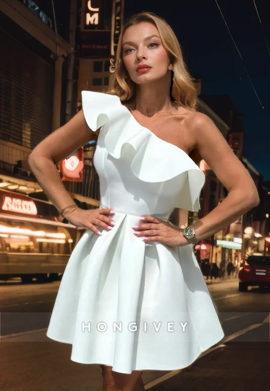 Satin A-Line One Shoulder Ruffled Short Homecoming Dress