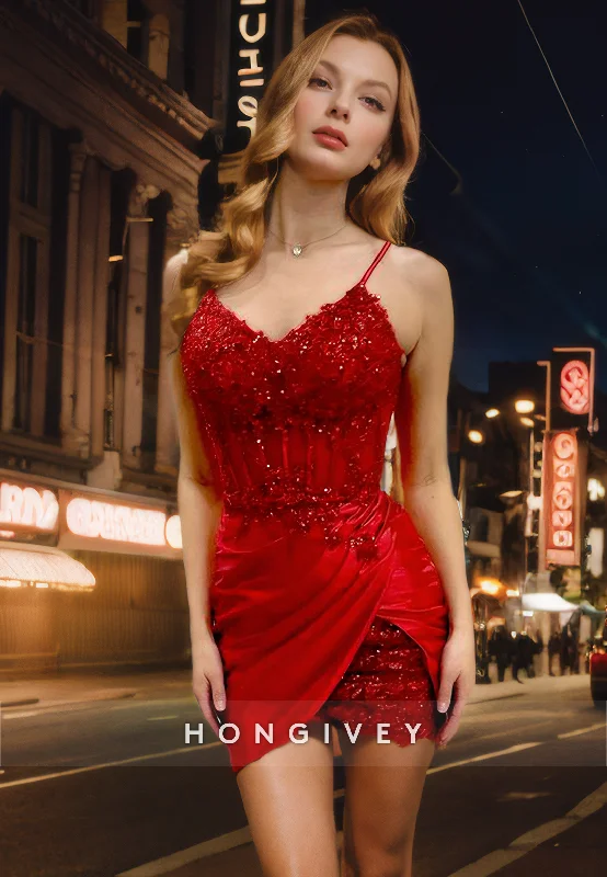 Sexy Fitted V-Neck Spaghetti Straps Sequined Appliques Short Homecoming Dress