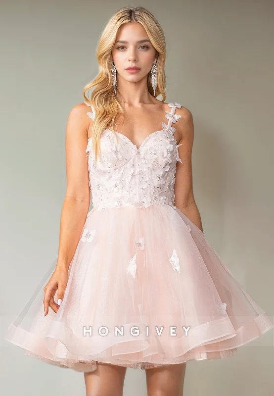 Sweet Tulle A-Line Sweetheart Spaghetti Straps Appliques Short Party Homecoming Dress