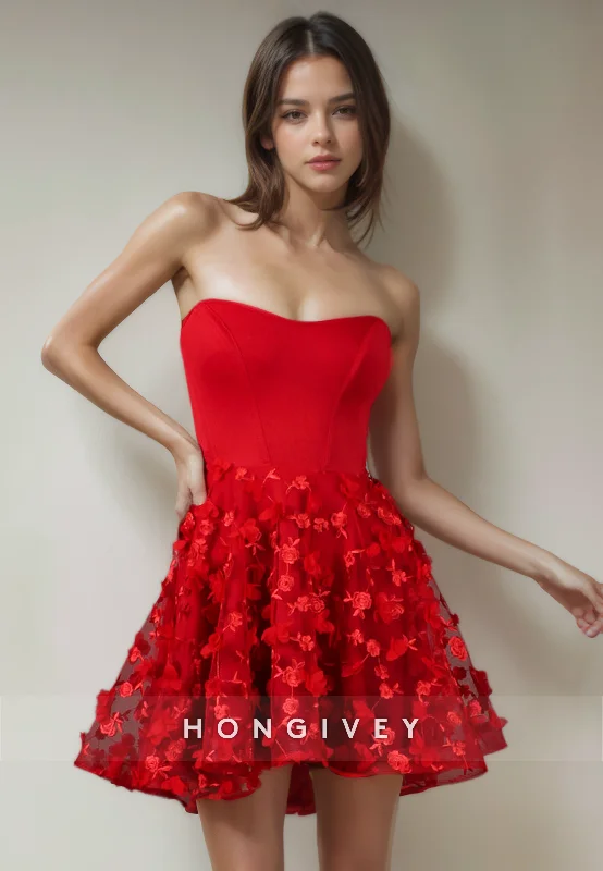 A-Line Sweetheart Strapless Floral Appliqued Short Party Homecoming Dress