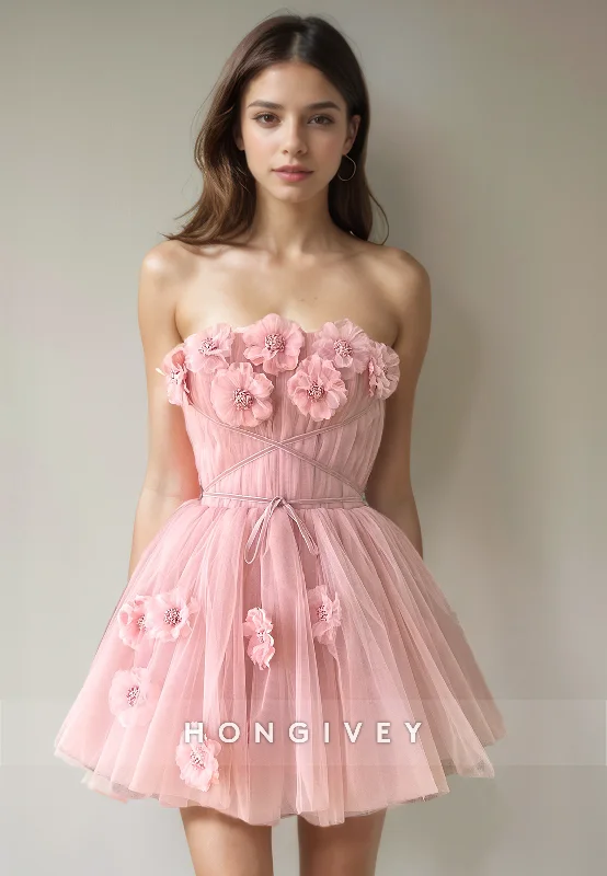 Sweet Tulle A-Line Strapless Floral Embossed Short Party Homecoming Dress