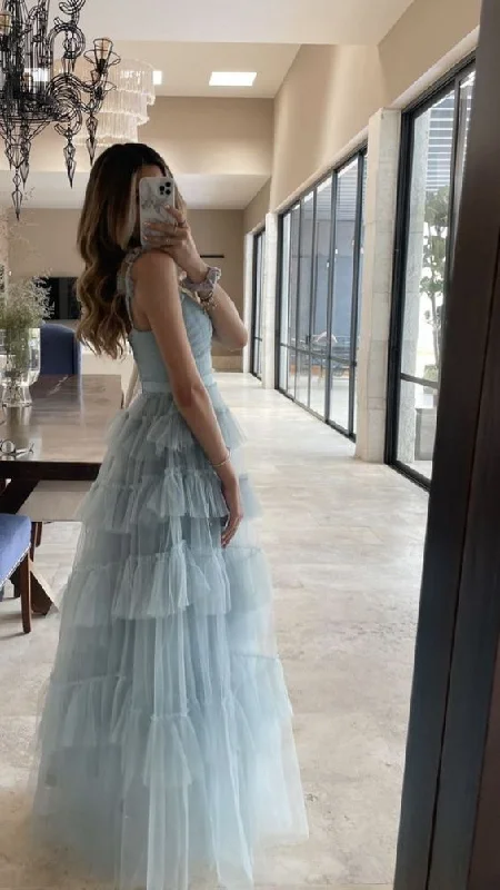 Light Blue Straps A-Line Tulle Long Prom Dress Evening Gown,DP1836