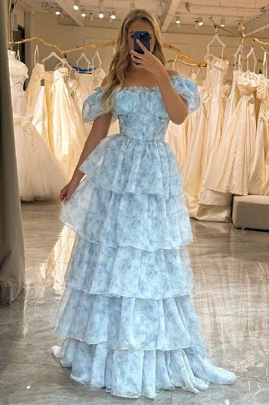 Pale Blue A-Line Layers Chiffon Long Party Dress Evening Gown,DP1807