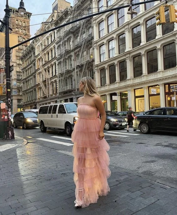 Pink Strapless Tulle Tiered A-Line Long Party Dress,DP1833